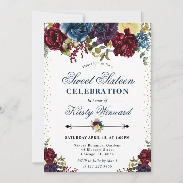 Invitación Flores Rojas y Navy de Invierno Cumple Dieciséis D (Anverso)