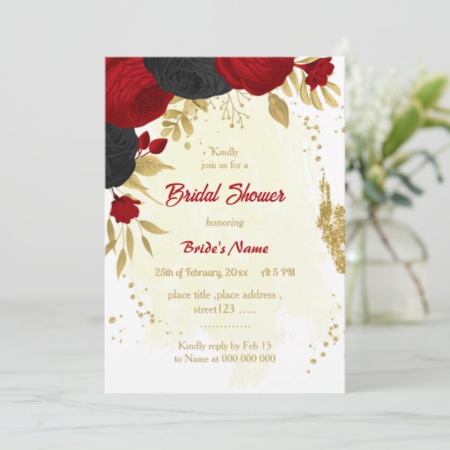 Invitación flores rojas y negras ducha de novia dorada (Anverso de pie)
