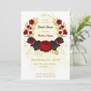 Invitación flores rojas y negras regadera de boda de oro