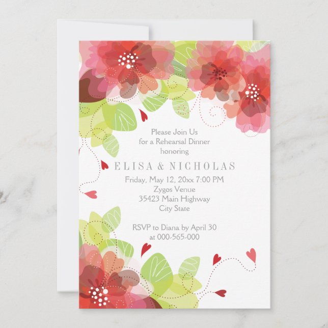 Invitación Flores rojas y rosas boda floral ensayo cena (Anverso)