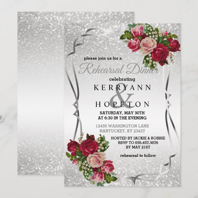 Invitación Flores rojas y rosas con Purpurina plateado (Anverso / Reverso)