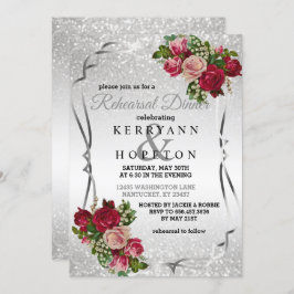 Invitación Flores rojas y rosas con Purpurina plateado