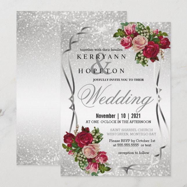 Invitación Flores rojas y rosas con Purpurina plateado (Anverso / Reverso)