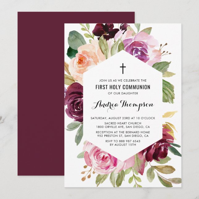 Invitación Flores Rojizas de Otoño Primera Comunión (Anverso / Reverso)