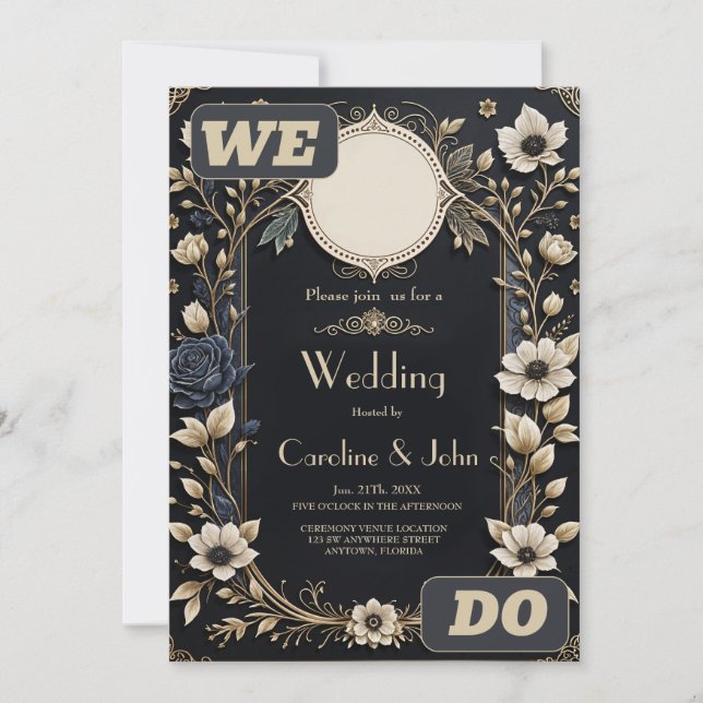 Invitación Flores románticas brillantes sobre un fondo azul p (Anverso)