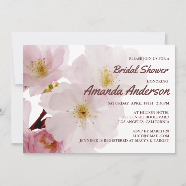 Invitación Flores románticas de cerezo rosa ducha de novia (Anverso)
