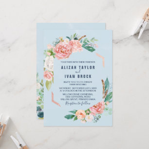 Invitación Flores románticas de peones   Boda azul claro Invi