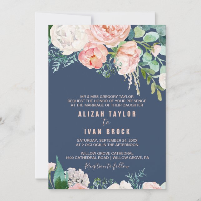 Invitación Flores románticas de peones | Boda formal azul (Anverso)