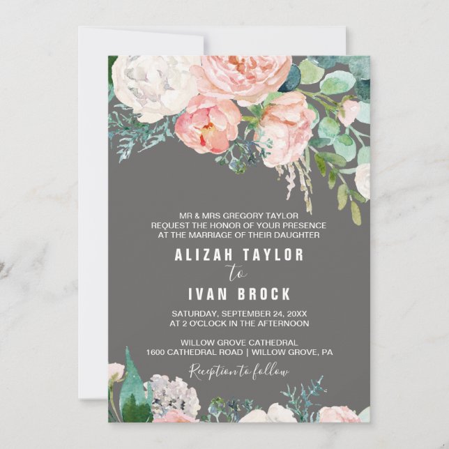 Invitación Flores románticas de peones | Boda formal gris (Anverso)