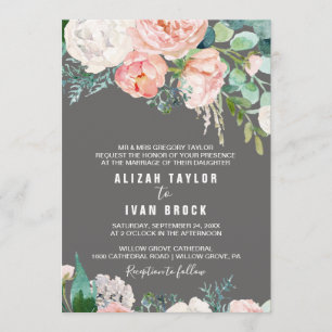 Invitación Flores románticas de peones   Boda formal gris