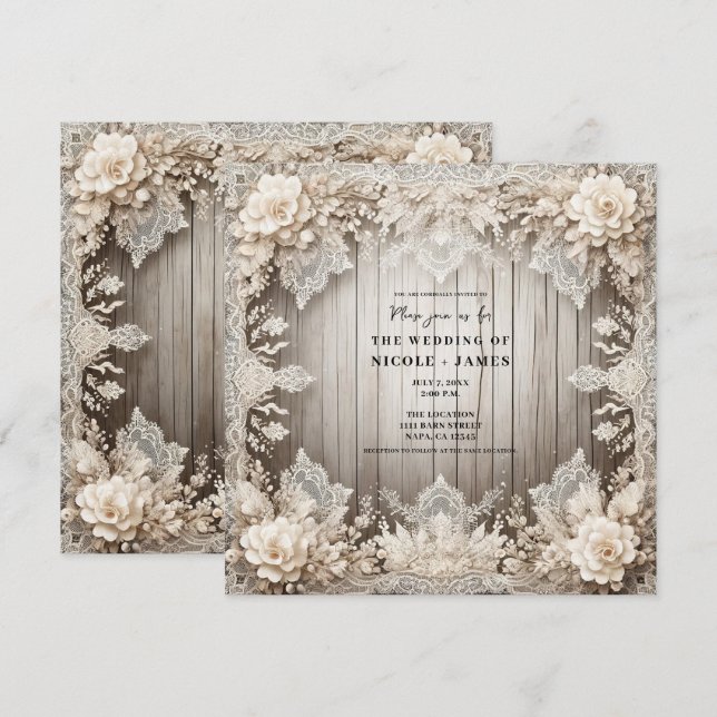 Invitación Flores Románticas Encaje + Boda Rústica de Madera  (Anverso / Reverso)