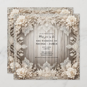 Invitación Flores románticas encaje + Boda rústico de madera