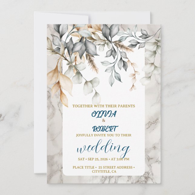Invitación Flores románticas florales blancas y suaves azules (Anverso)