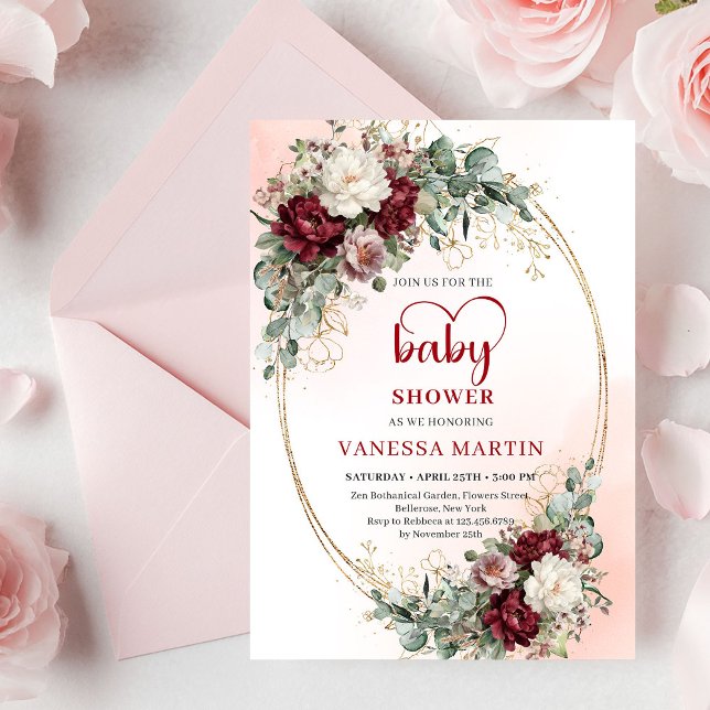 Invitación Flores románticas Marsala corazón fuente bebé  (Romantic Marsala Flowers Heart-Shaped Font Baby Shower Invite)