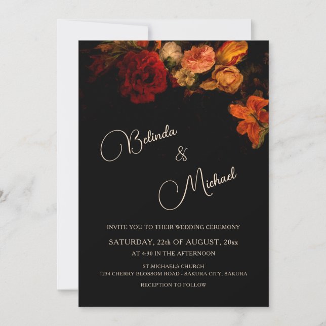Invitación Flores románticas oscuras | Boda de fotos (Anverso)