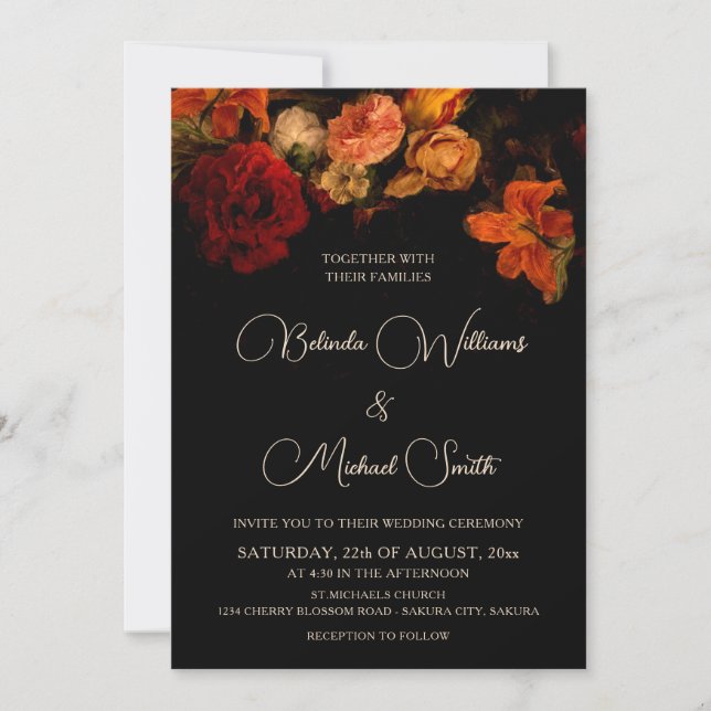 Invitación Flores románticas oscuras | Boda de fotos (Anverso)