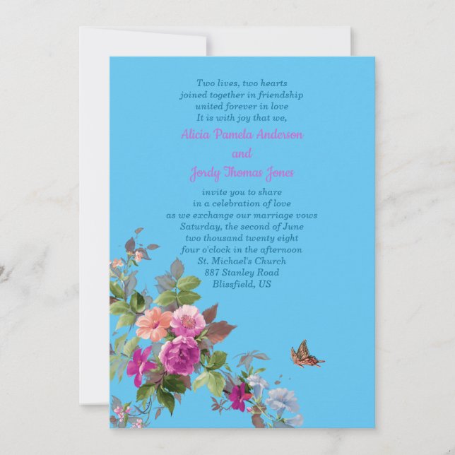 Invitación Flores románticas y mariposa en Boda azul (Anverso)