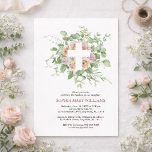 Invitación Flores románticas y niña con cruz blanca Bautizo