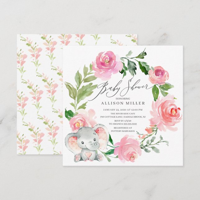 Invitación Flores rosa acuarela Elefante Baby Shower (Anverso / Reverso)