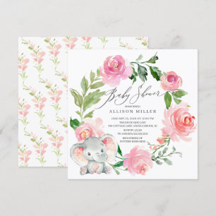 Invitación Flores rosa acuarela Elefante Baby Shower