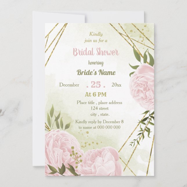 Invitación flores rosa asombrosas verde ducha de novia (Anverso)