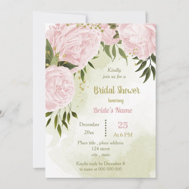 Invitación flores rosa asombrosas verde ducha de novia (Anverso)