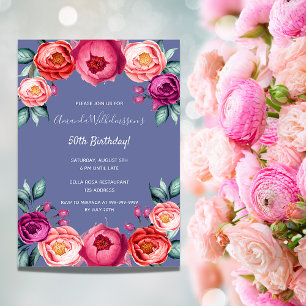 Invitación Flores rosa azul cielo de cumpleaños elegante