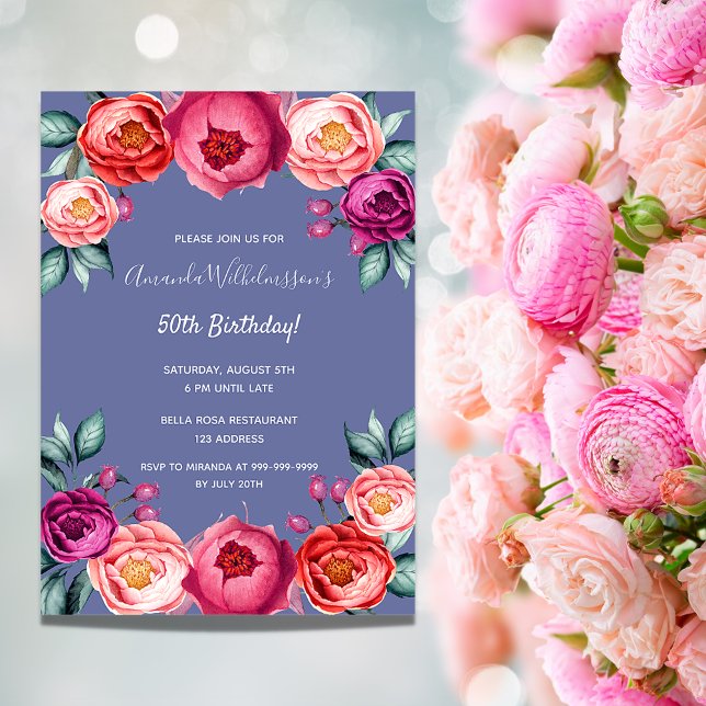 Invitación Flores rosa azul cielo de cumpleaños elegante (Subido por el creador)