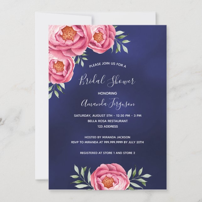 Invitación Flores rosa azul de la marina Ducha de novia (Anverso)