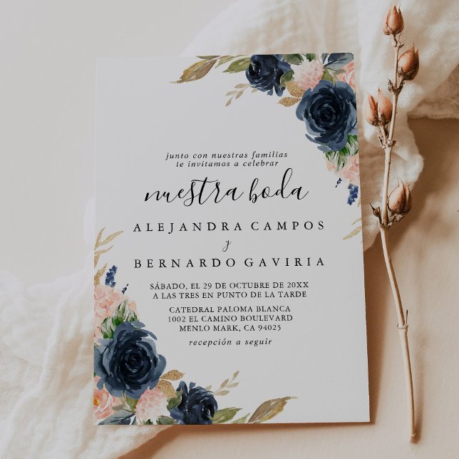 Invitación Flores rosa azul de oro de otoño en Nuestra Boda (Subido por el creador)