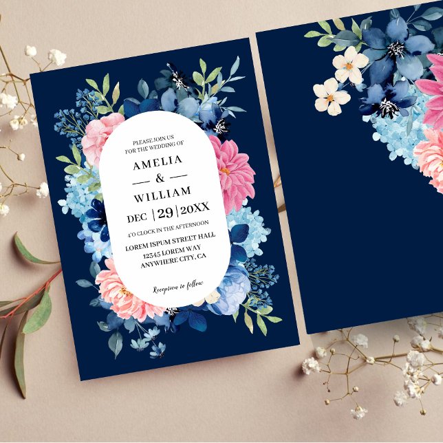 Invitación Flores rosa azul marino acuarela Boda floral (Subido por el creador)