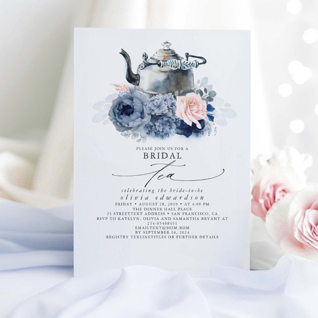 Invitación Flores rosa azul turquesa Elegante Té de ducha de  (Bridal Tea Party Elegant Bridal Shower Invitations With Dusty Blue and Pink Flowers)