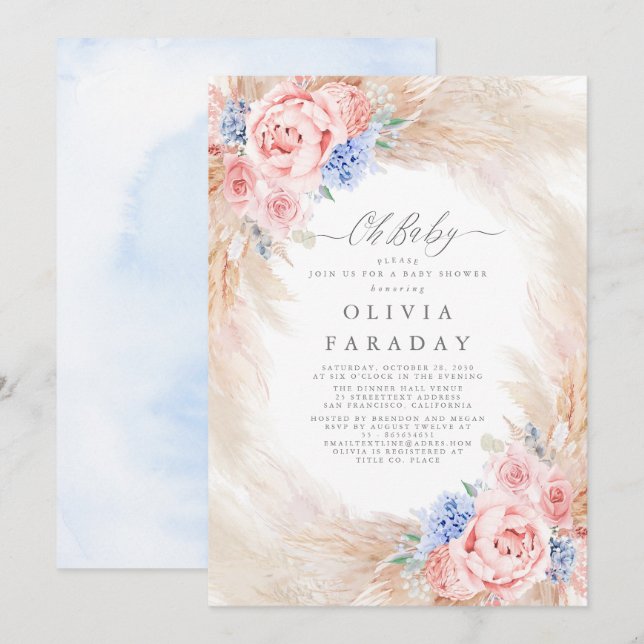 Invitación Flores rosa azul turquesa Pampas Grass Baby Shower (Anverso / Reverso)