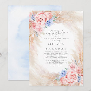 Invitación Flores rosa azul turquesa Pampas Grass Baby Shower