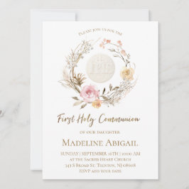 Invitación flores rosa beige Eucaristía Primera Comunión