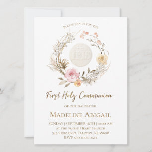 Invitación flores rosa beige Eucaristía Primera Comunión