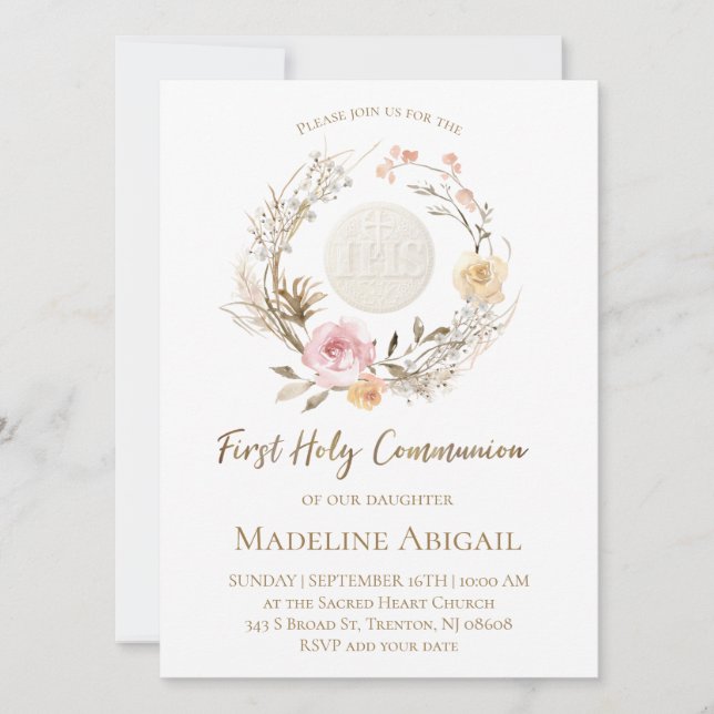 Invitación flores rosa beige Eucaristía Primera Comunión (Anverso)