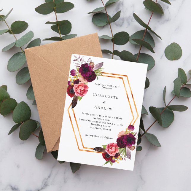 Invitación Flores rosa borgoñona boda de boho geométrico oro (Subido por el creador)