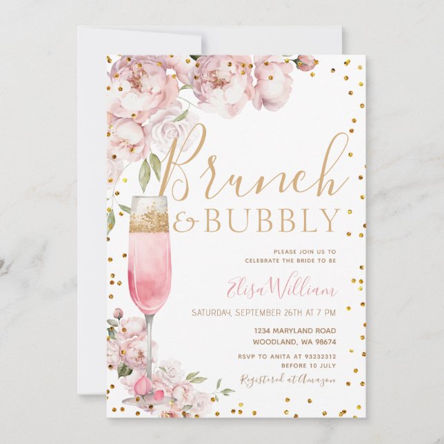 Invitación Flores rosa brillante ducha Brunch & Bubbly Bridal (Anverso)