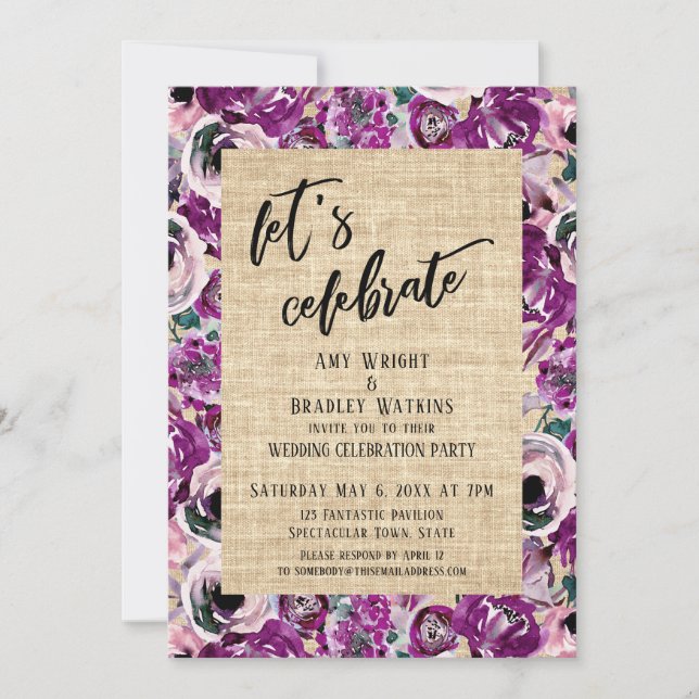 Invitación Flores Rosa Burlap para Celebrar de Forma Casual (Anverso)