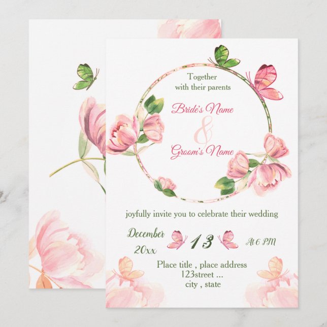 Invitación flores rosa caliente hojas verdes mariposas boda (Anverso / Reverso)