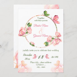 Invitación flores rosa caliente hojas verdes mariposas boda