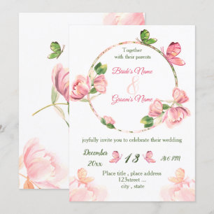 Invitación flores rosa caliente hojas verdes mariposas boda