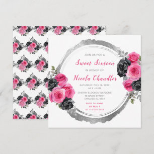 Invitación Flores rosa caliente y plateadas elegantes 16 dulc