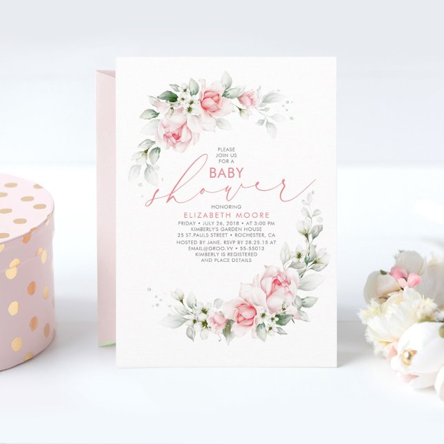 Invitación Flores rosa claras y suaves y Baby Shower verde (Subido por el creador)