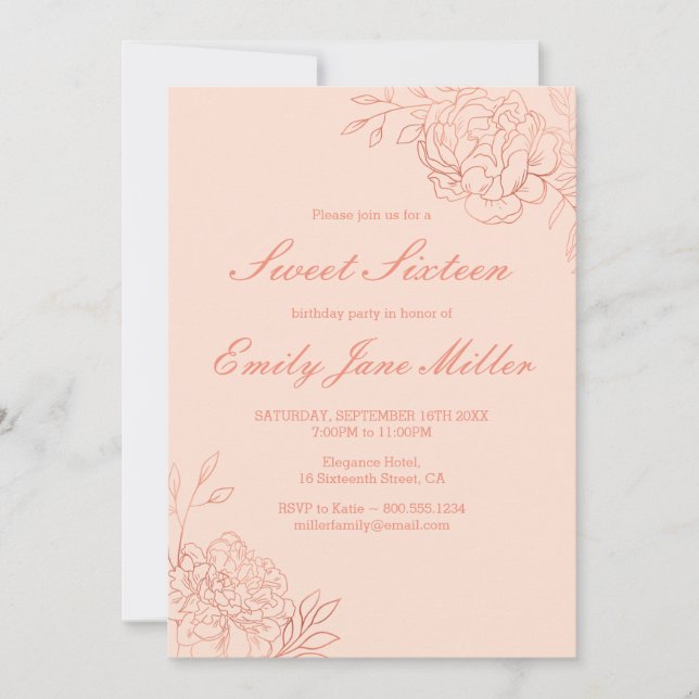 Invitación Flores Rosa con bosquejos dorados dulce de flores  (Anverso)