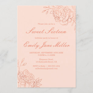 Invitación Flores Rosa con bosquejos dorados dulce de flores 