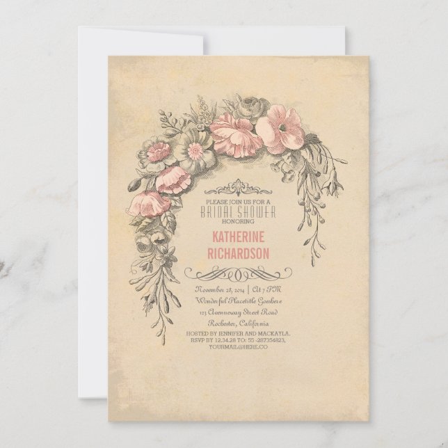 Invitación Flores rosa de época moda vieja ducha de novia (Anverso)