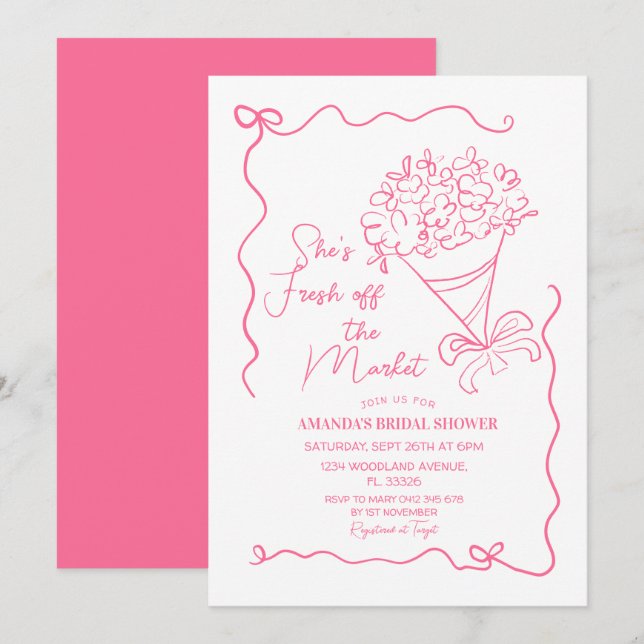 Invitación Flores Rosa De La Ducha De Novias Del Mercado (Anverso / Reverso)