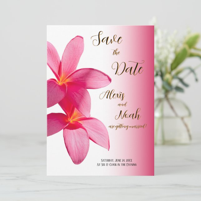 Invitación Flores rosa de plumeria en rosa, floral, salva fec (Anverso de pie)